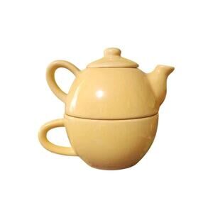 Pier 1 Stoneware Tea for One Stackable Set with Teapot Lid and Cup Yellow